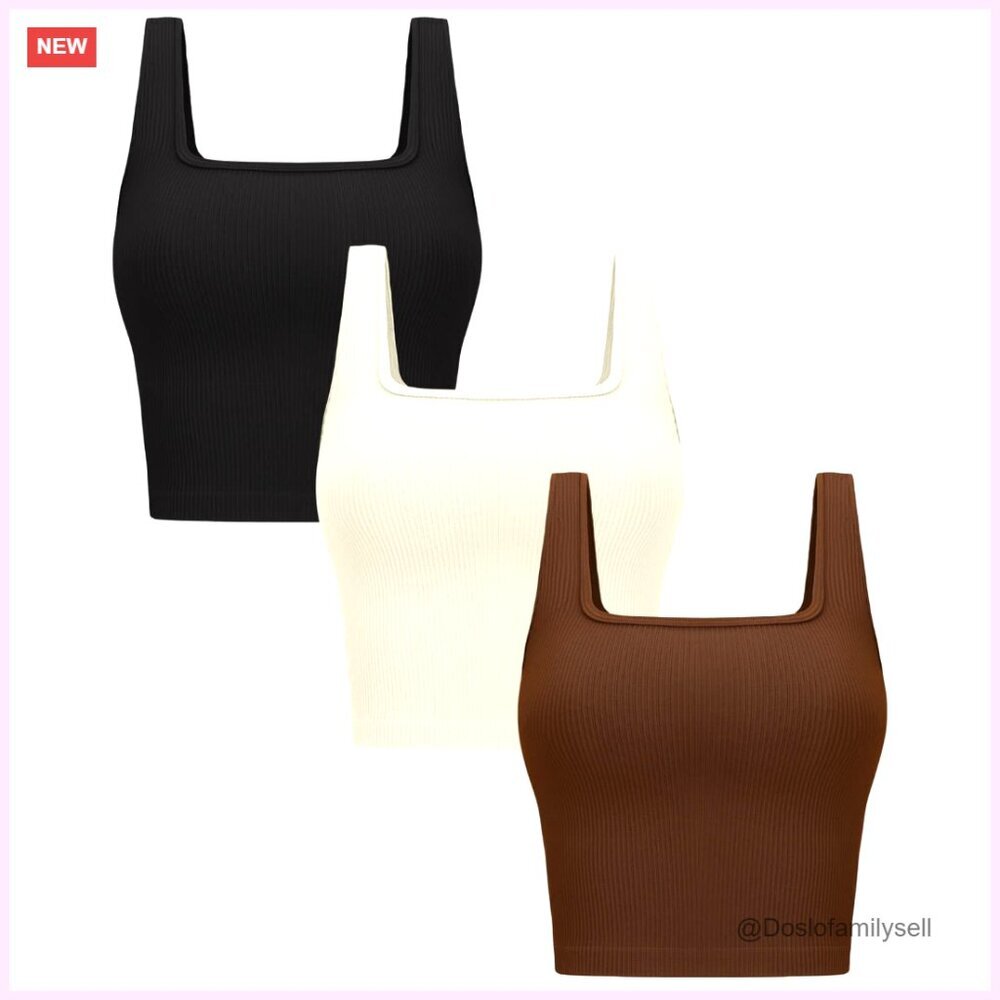 Seamless Ribbed Crop Tank Tops 3-Pack Square Neck Workout Yoga Gym Shirts